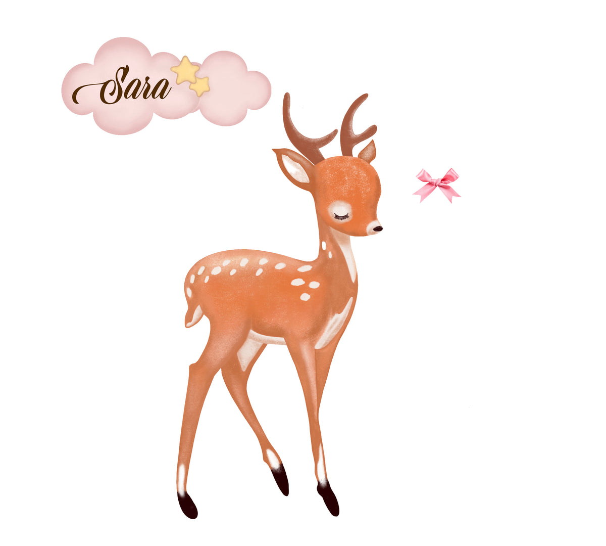 Wall sticker Cerbiatto con fiocco rosa e nuvolette - Personalizzabile