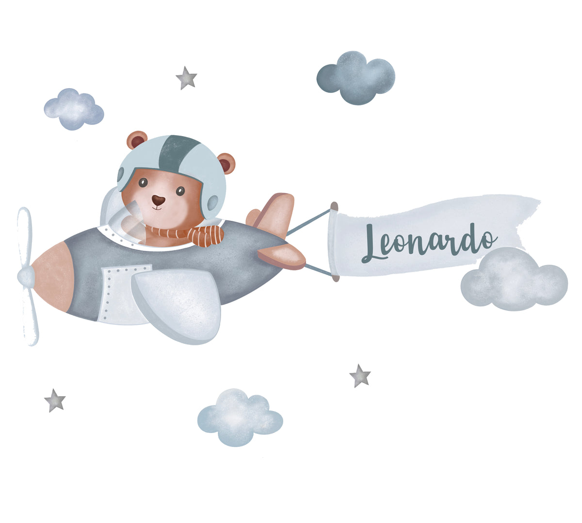 Wall Sticker Orsetto Pilota su Aeroplanino con Banner – Personalizzabile